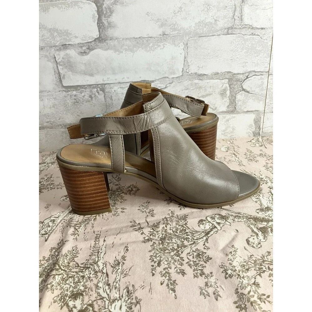 Franco Sarto Taupe Leather Shooties 7M Chunky Heel Peep Toe Cut Out Slingback